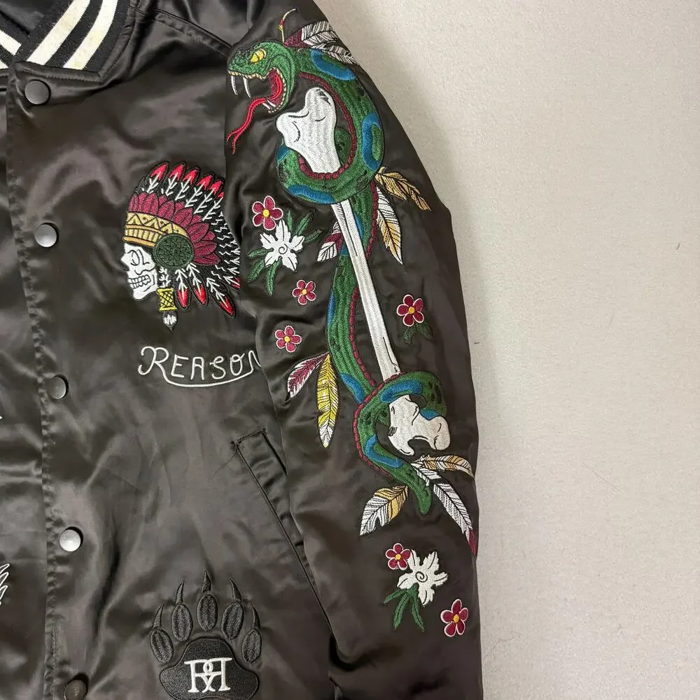Reason NYC Satin Bomber Jacket Mens L Black Embroidered Skull Snake Varsity